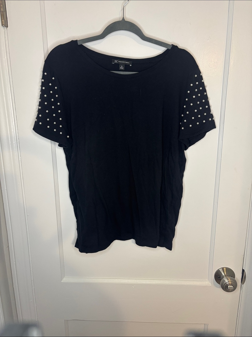 INC International Concepts Black Short Sleeve Tee with Pearl Stud Sleeves